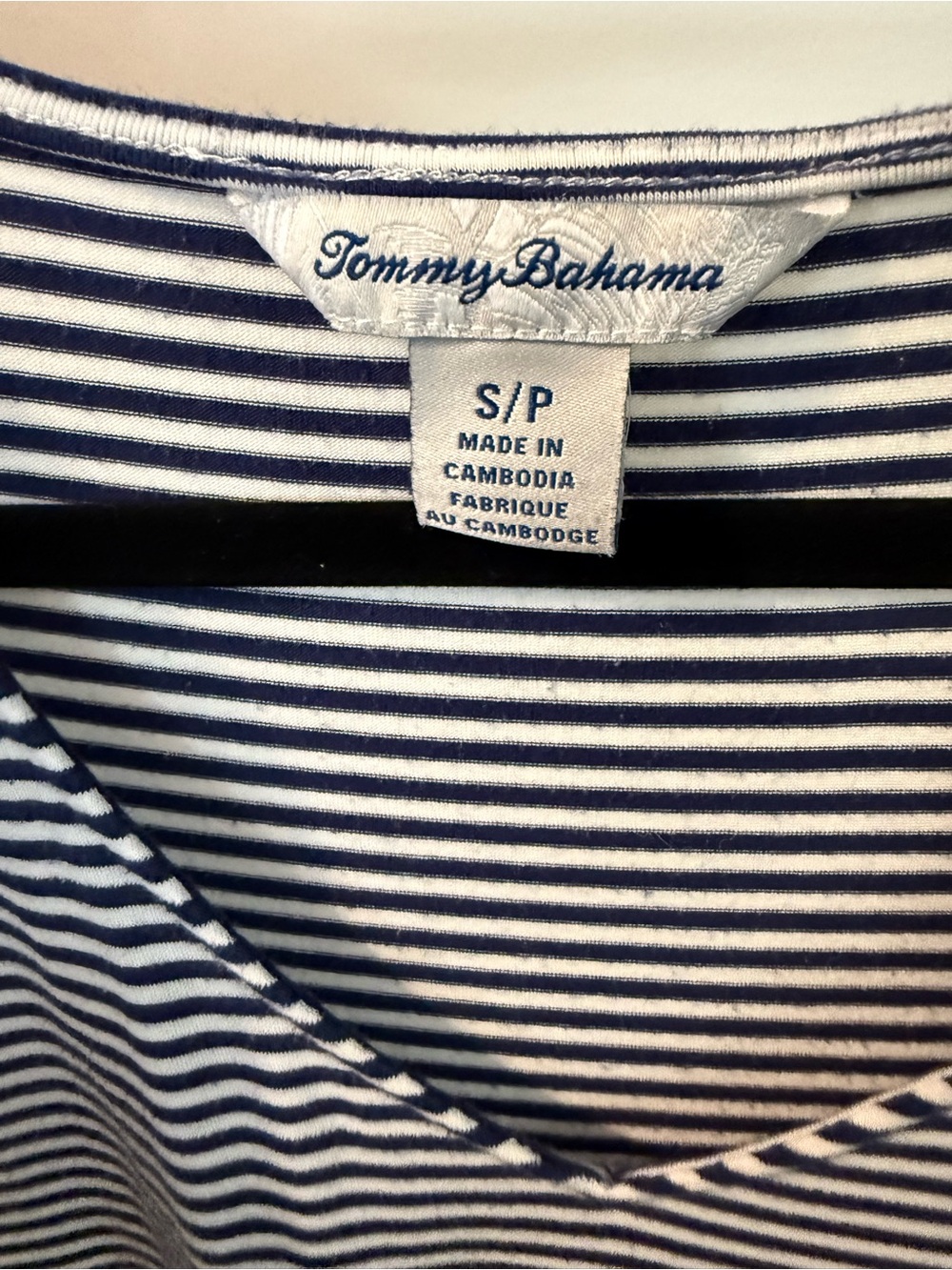 Tommy Bahama Navy and White Striped V-Neck Tee - Picture 2 of 6